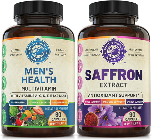 Men's Daily Multivitamins & Saffron Extract Bundle for Holistic Wellness, Energy, Mood - USA Made