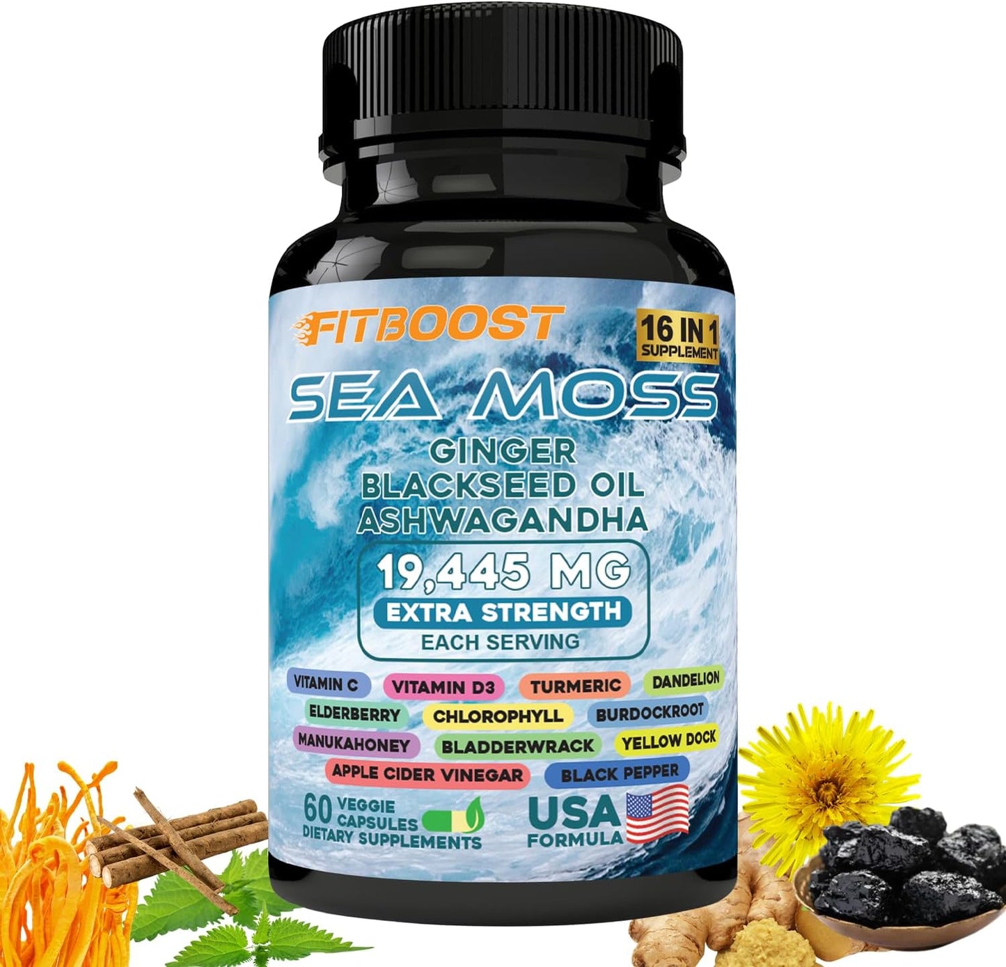 Men's Dynamic Vitality Bundle: Sea Moss, Shilajit, Black Seed Oil, Ashwagandha, Burdock Root - 30 Day Supply
