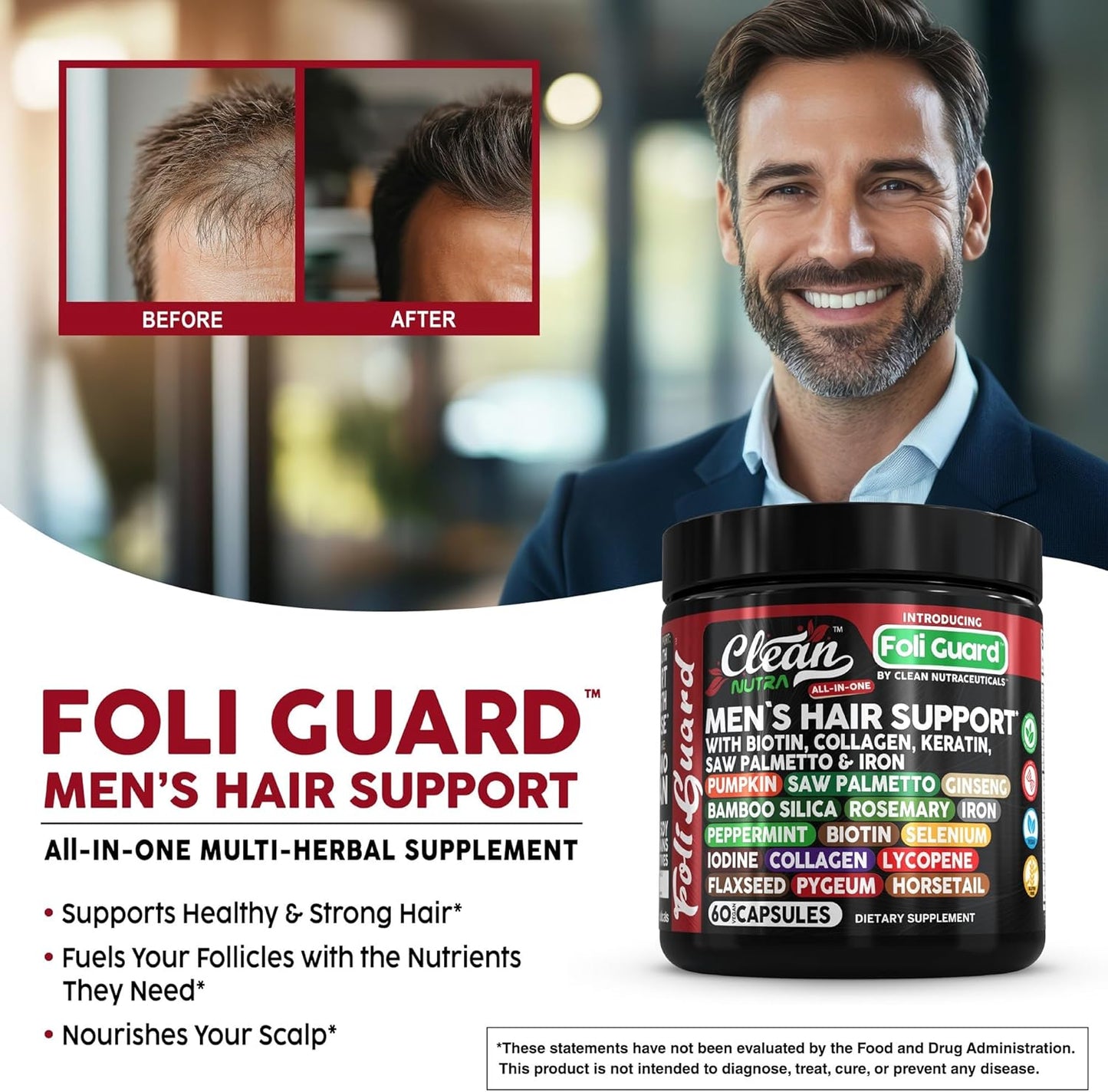 Men's Hair Growth Supplement with Biotin, Collagen, Keratin, and Natural Ingredients by Clean Nutra