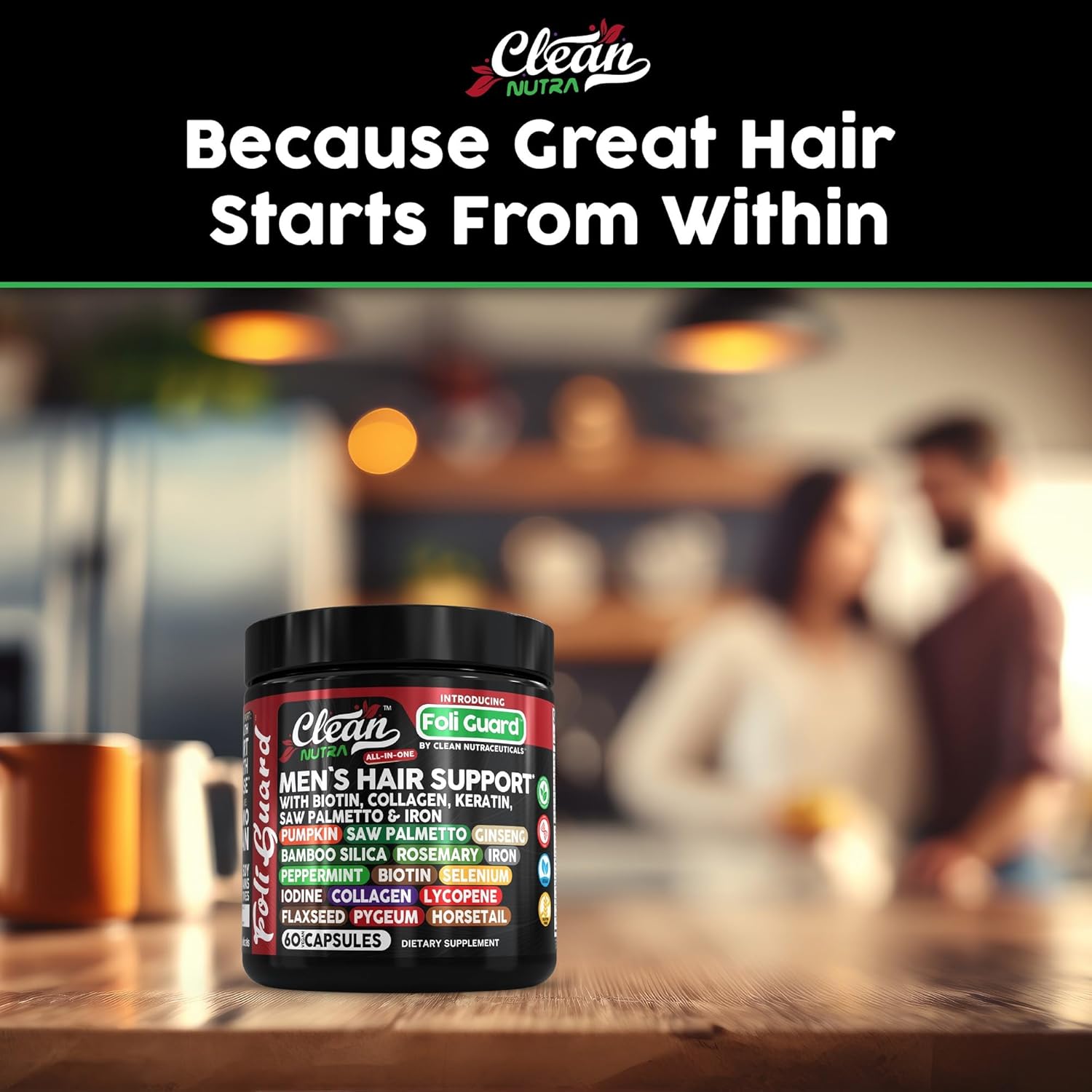 Men's Hair Growth Supplement with Biotin, Collagen, Keratin, and Natural Ingredients by Clean Nutra