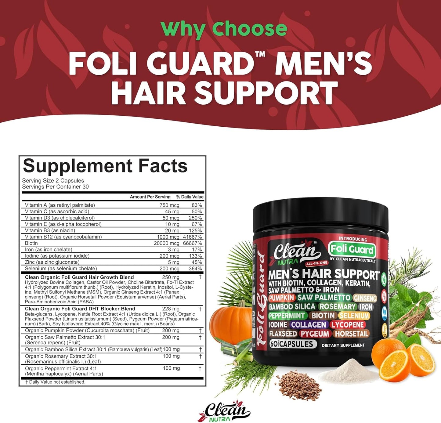 Men's Hair Growth Supplement with Biotin, Collagen, Keratin, and Natural Ingredients by Clean Nutra