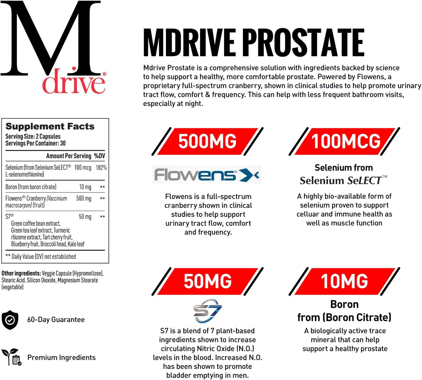 Men's Health Prostate Support Supplement with Flowens Cranberry Extract, S7 N.O. Booster - 60 Capsules for Urinary Tract Health & Bladder Function