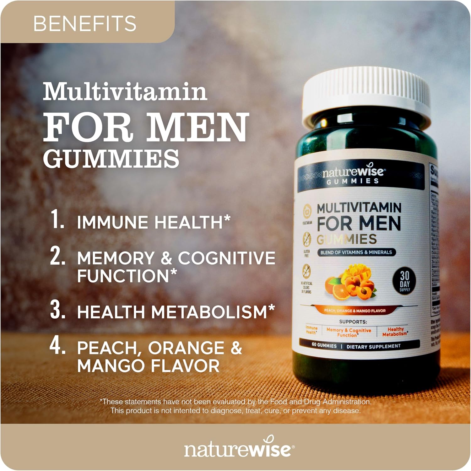 Men's Immune Health Multivitamin Gummies - Peach Mango Flavor, Vegetarian, Soy-Free, Non-GMO - 60 Count