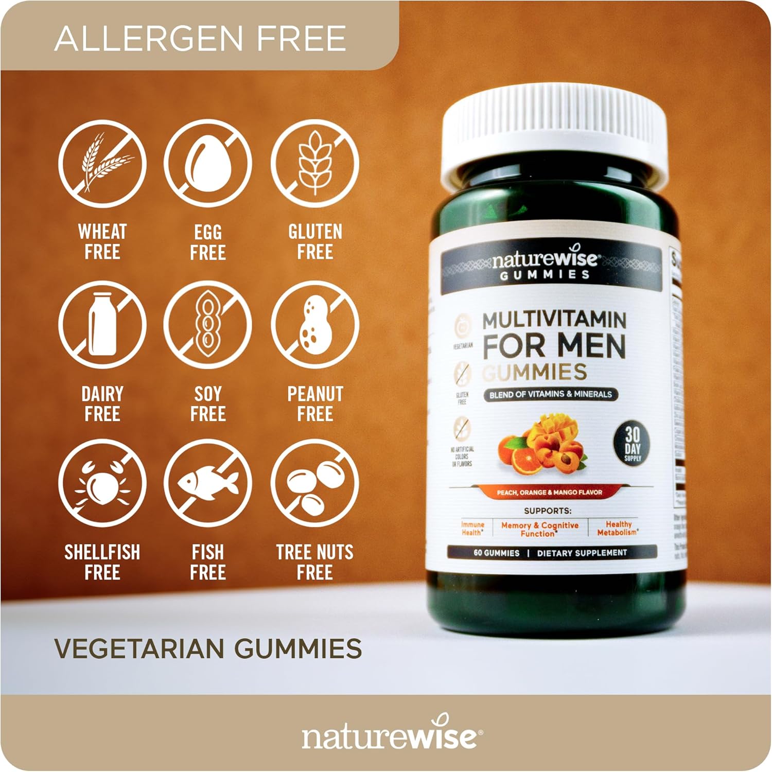 Men's Immune Health Multivitamin Gummies - Peach Mango Flavor, Vegetarian, Soy-Free, Non-GMO - 60 Count