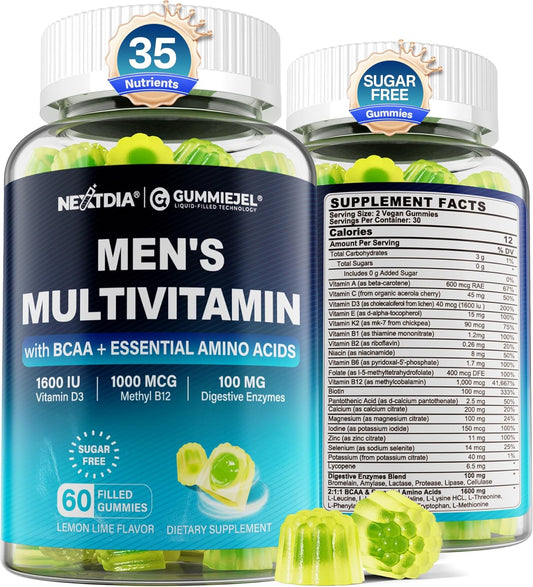 Men's Methylated Multivitamin Gummies with BCAA, Zinc, Vitamins A, C, D3, E, K2, B6, B12, Biotin, Calcium, Magnesium, Lycopene - Energy, Muscle, Immunity - 60 Count Vegan Supplement
