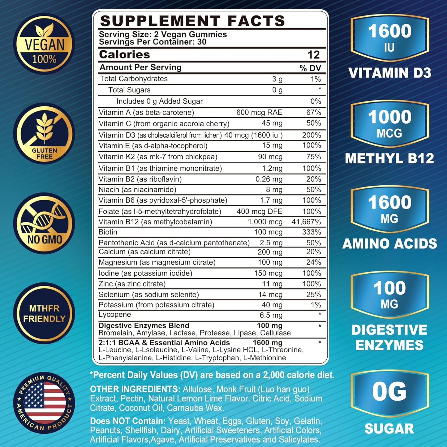 Men's Methylated Multivitamin Gummies with BCAA, Zinc, Vitamins A, C, D3, E, K2, B6, B12, Biotin, Calcium, Magnesium, Lycopene - Energy, Muscle, Immunity - 60 Count Vegan Supplement