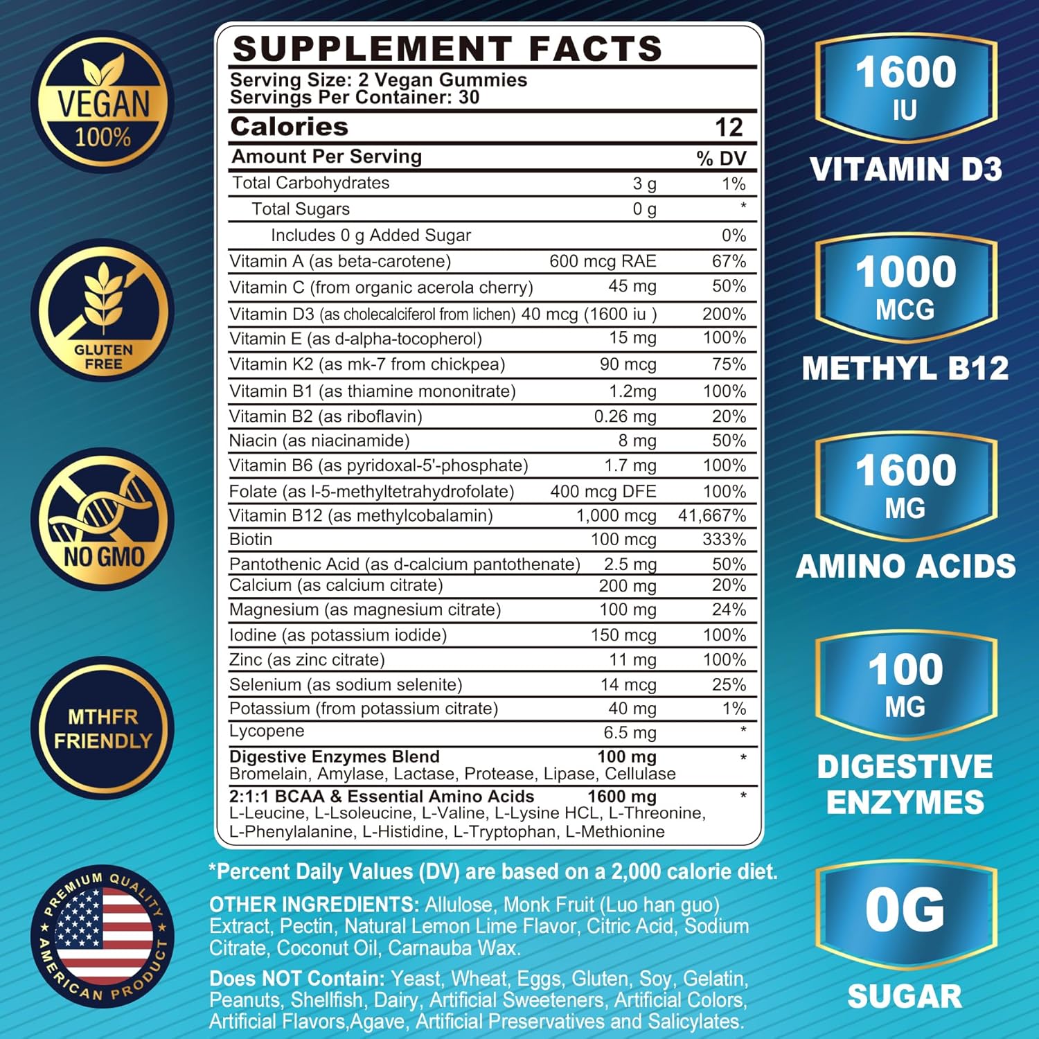 Men's Methylated Multivitamin Gummies with BCAA, Zinc, Vitamins A, C, D3, E, K2, B6, B12, Biotin, Calcium, Magnesium, Lycopene - Energy, Muscle, Immunity - 60 Count Vegan Supplement