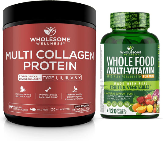 Men's Multi Collagen Protein Powder + Whole Food Multivitamin Bundle - Natural Vitamins, Minerals, Organic Extracts