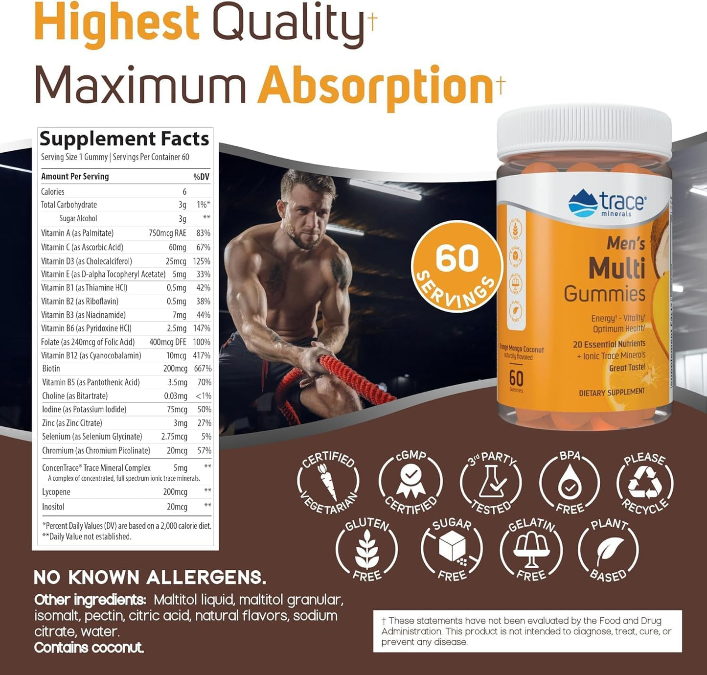 Men’s Multi Gummies with 20+ Vitamins, Trace Minerals, and Ionic for Max Absorption | Sugar-Free | Orange Mango Coconut | 60 Count