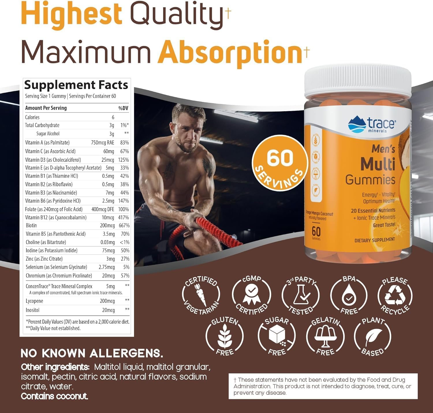 Men’s Multi Gummies with 20+ Vitamins, Trace Minerals, and Ionic for Max Absorption | Sugar-Free | Orange Mango Coconut | 60 Count