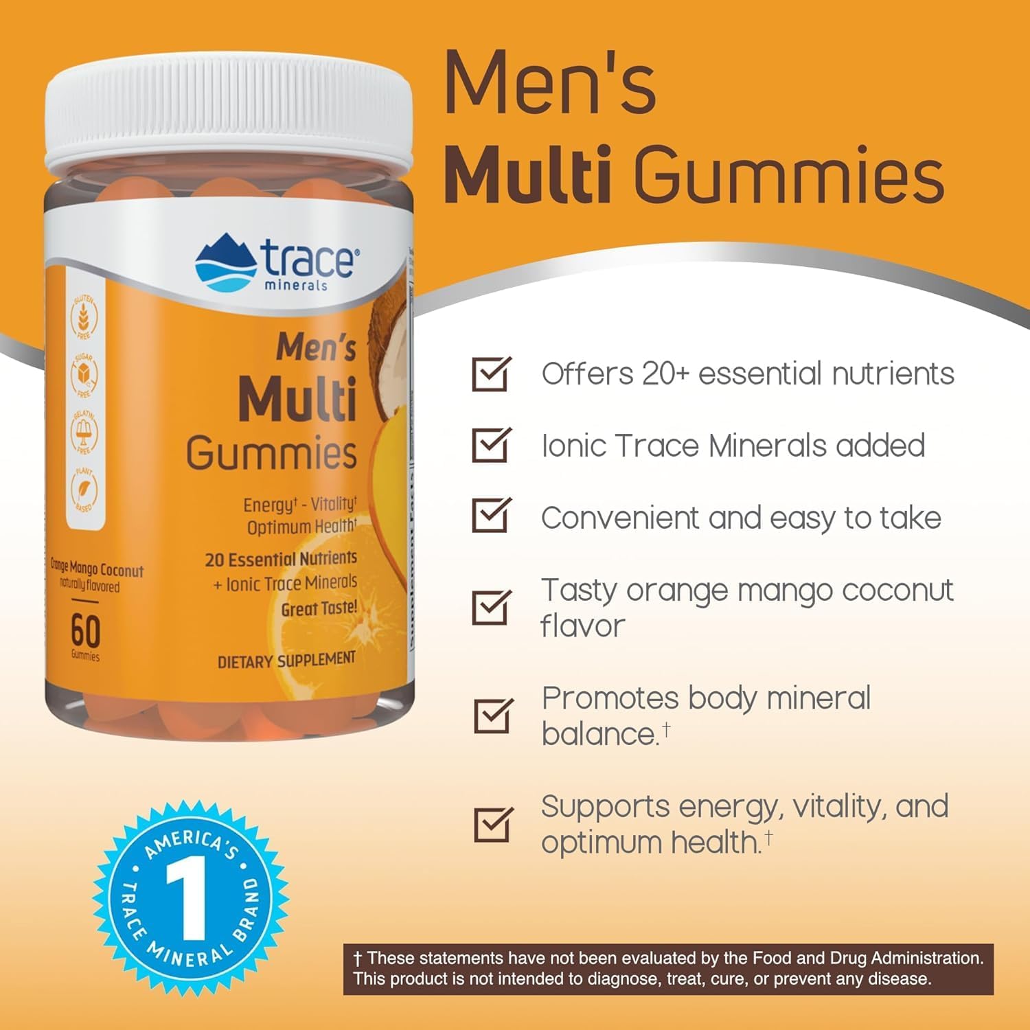 Men’s Multi Gummies with 20+ Vitamins, Trace Minerals, and Ionic for Max Absorption | Sugar-Free | Orange Mango Coconut | 60 Count
