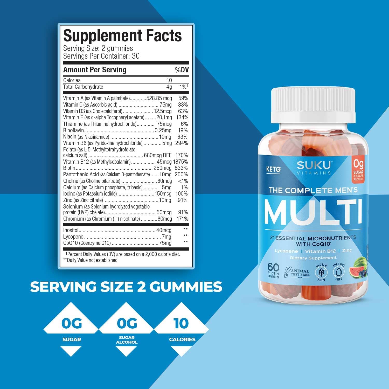 Men's Multi Gummies with CoQ10 and Lycopene for Prostate Health - Non GMO, Gluten & Sugar Free - 60 Mixed Fruit Fusion Vitamins