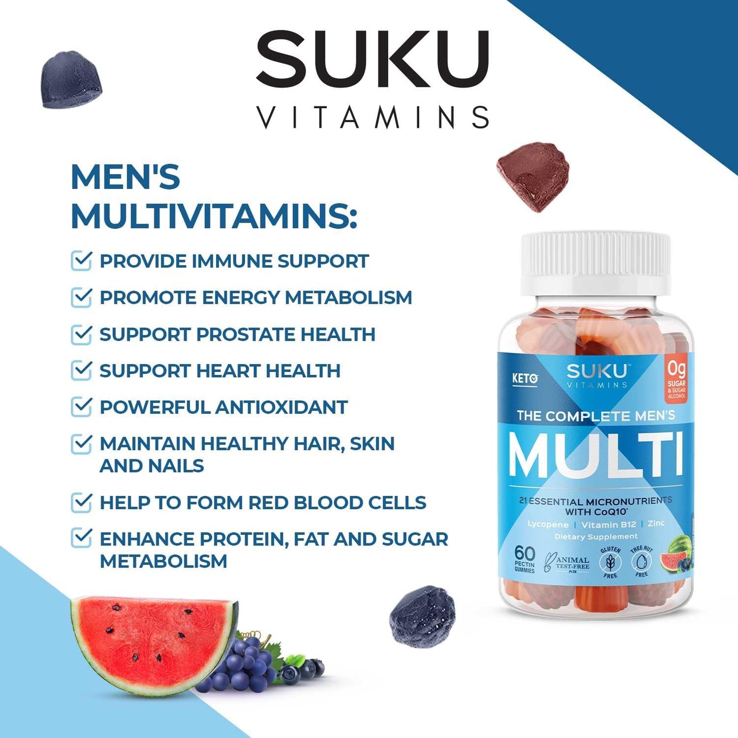 Men's Multi Gummies with CoQ10 and Lycopene for Prostate Health - Non GMO, Gluten & Sugar Free - 60 Mixed Fruit Fusion Vitamins
