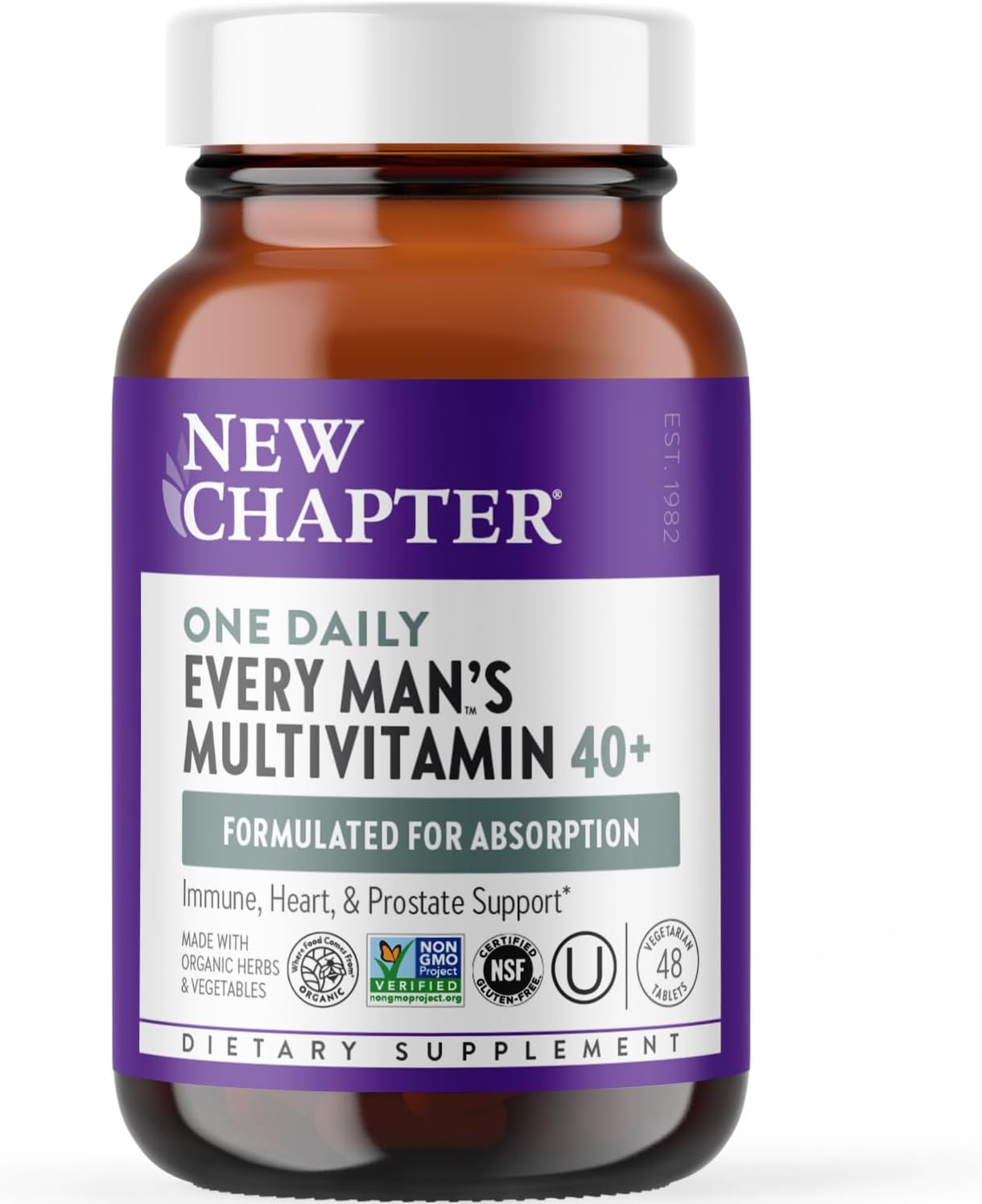 Men's Multivitamin 40 Plus with Energy, Heart, Prostate & Immune Support - Organic Vegetables & Herbs - Non-GMO - 48 ct