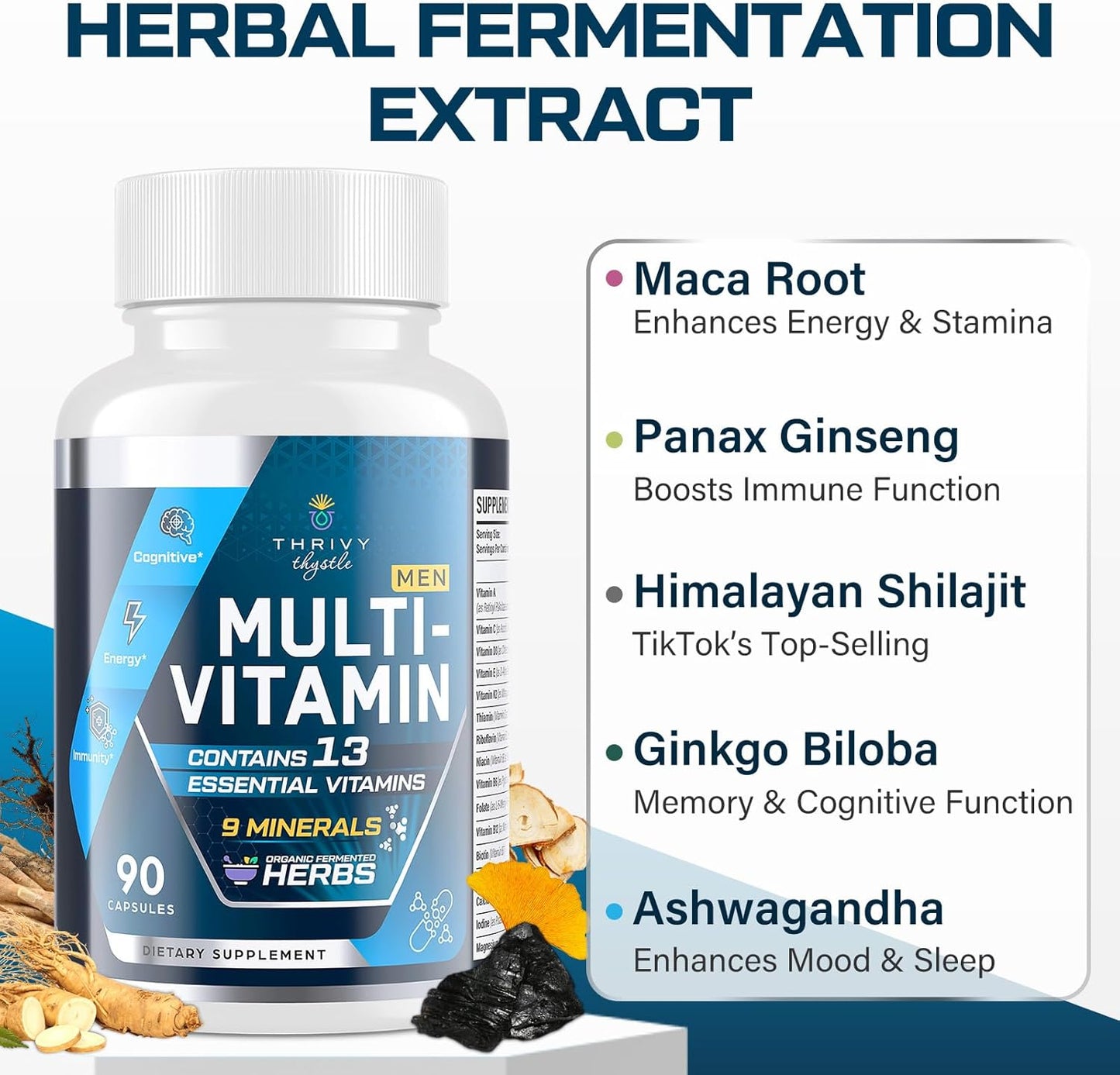 Men's Multivitamin 50+ with Fermented Herbal Extracts, 43 Nutrients - Memory, Energy, Bone Health - 2 Pack