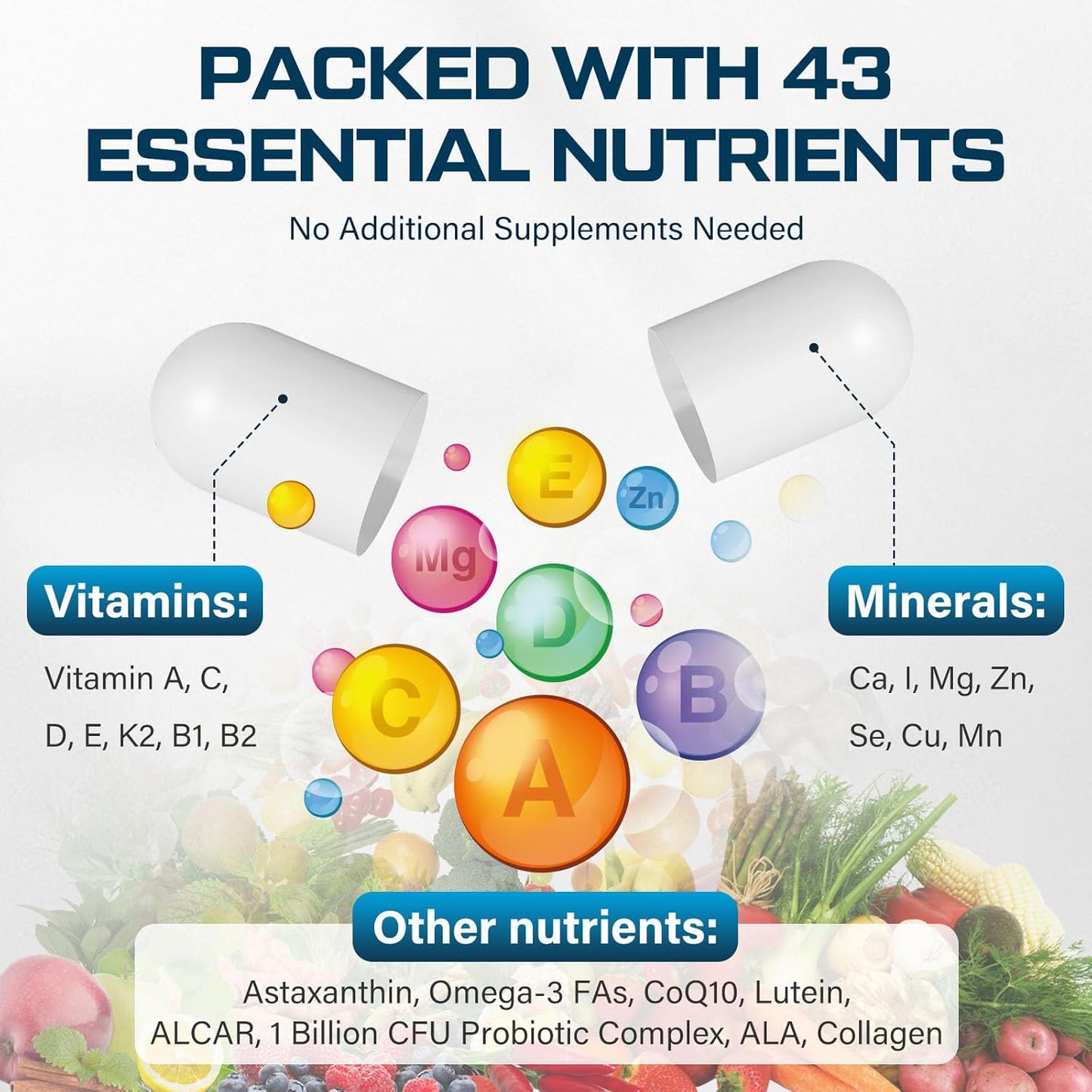 Men's Multivitamin 50+ with Fermented Herbal Extracts, 43 Nutrients - Memory, Energy, Bone Health - 2 Pack