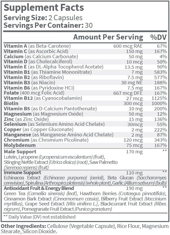 Men's Multivitamin Capsules with Saw Palmetto, Lycopene, and Zinc for Prostate Health, Energy, and Sleep - USA Made - 60 Capsules