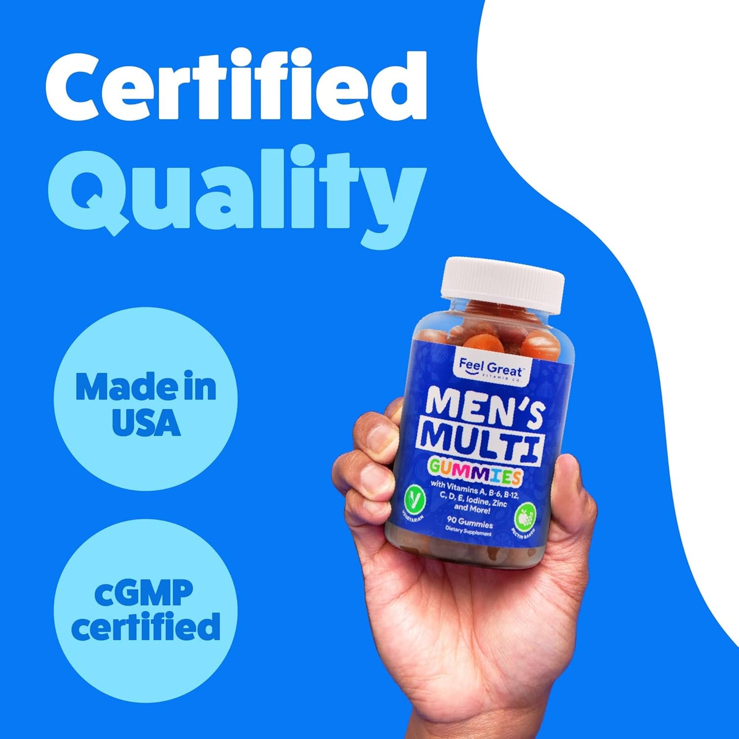 Men's Multivitamin Gummies with Essential Vitamins A, B, C, D, E, and Zinc - Made in USA - 45 Day Supply by Feel Great Vitamin Co.
