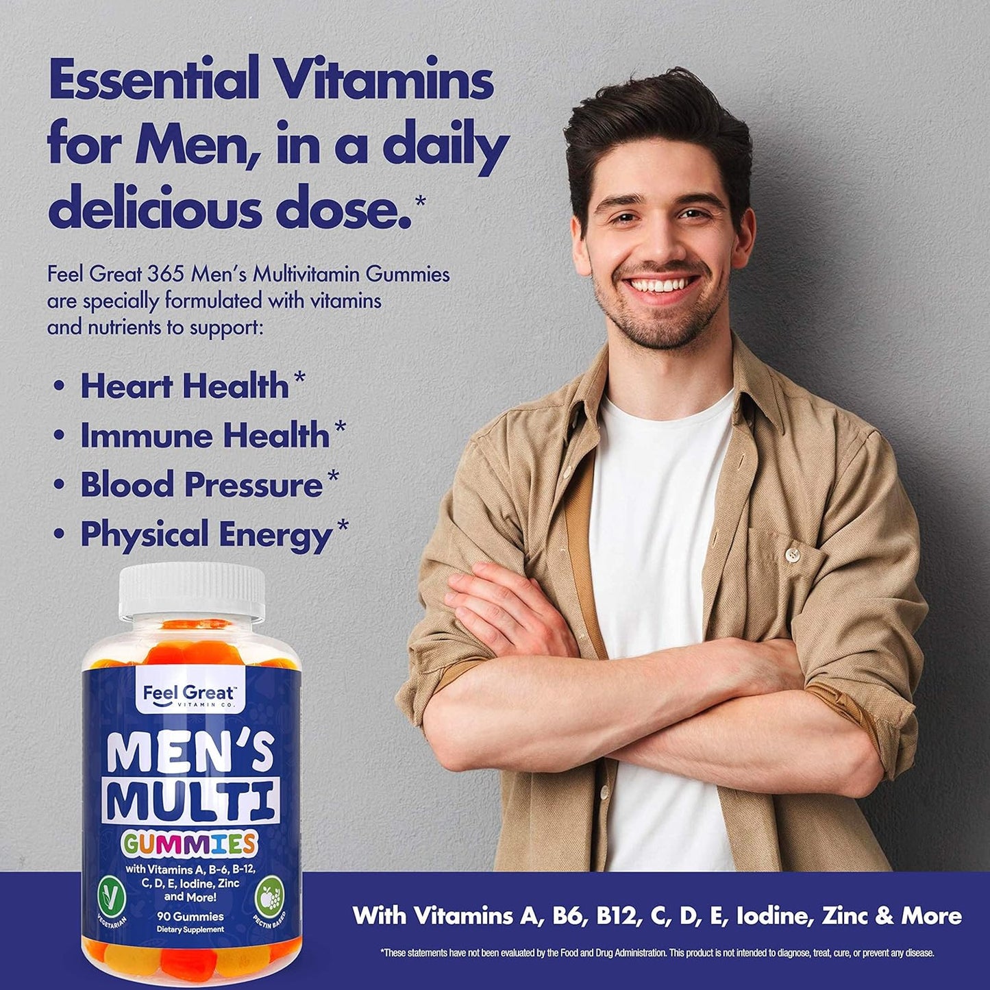 Men's Multivitamin Gummies with Essential Vitamins A, B, C, D, E, and Zinc - Made in USA - 45 Day Supply by Feel Great Vitamin Co.