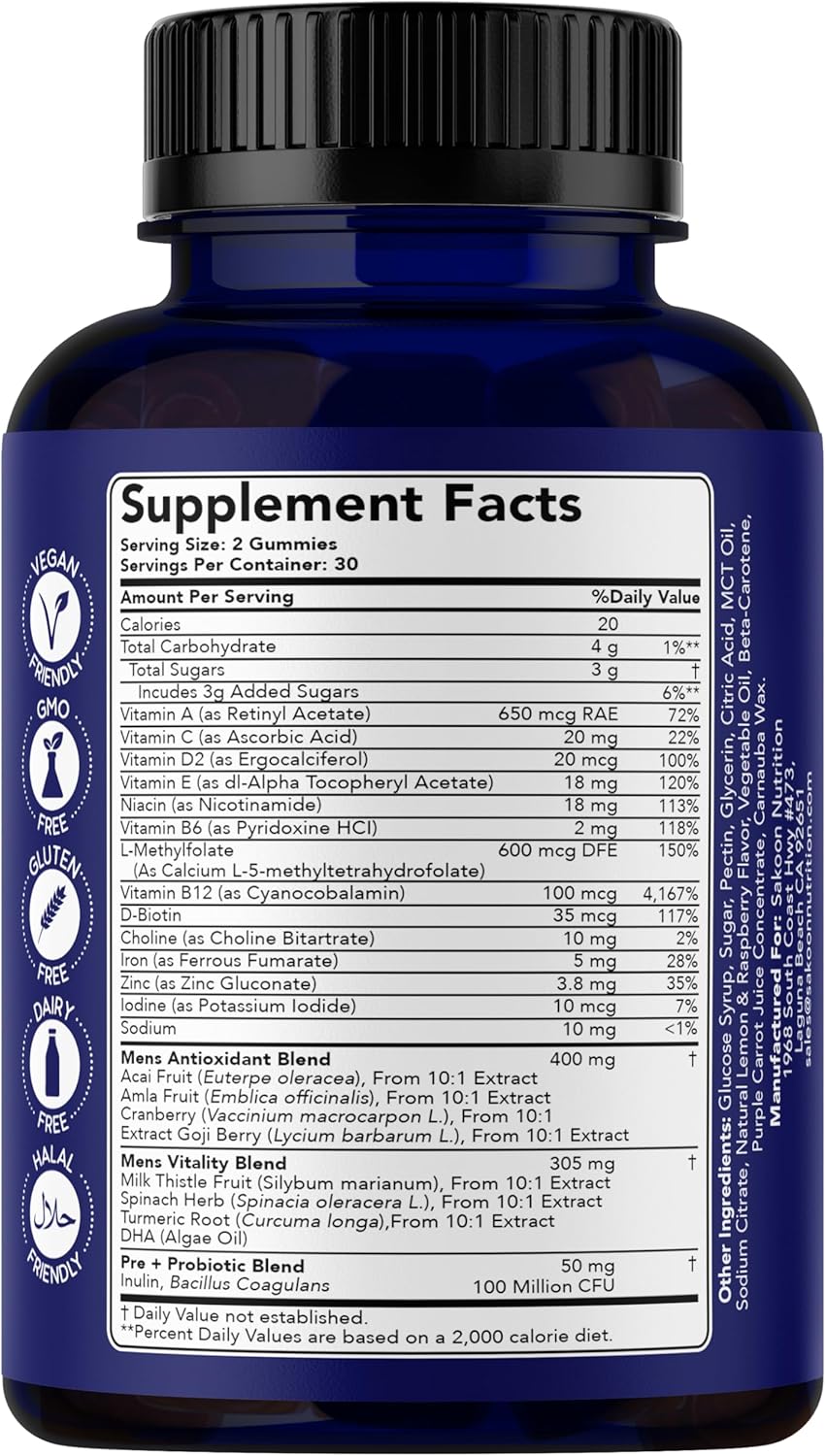 Men's Multivitamin Gummies with Probiotics and Prebiotics by Sakoon Nutrition