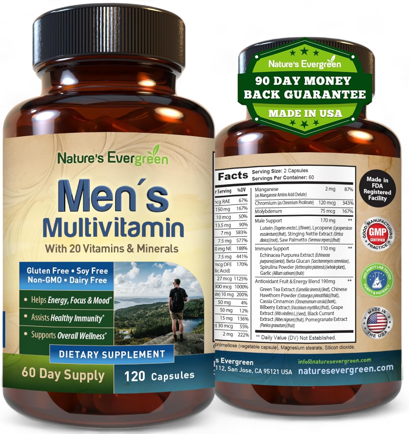 Men's Multivitamin: Nature's Evergreen Complete Multivitamin & Multimineral Supplement - Energy, Focus, & Immune Support - 120 Capsules