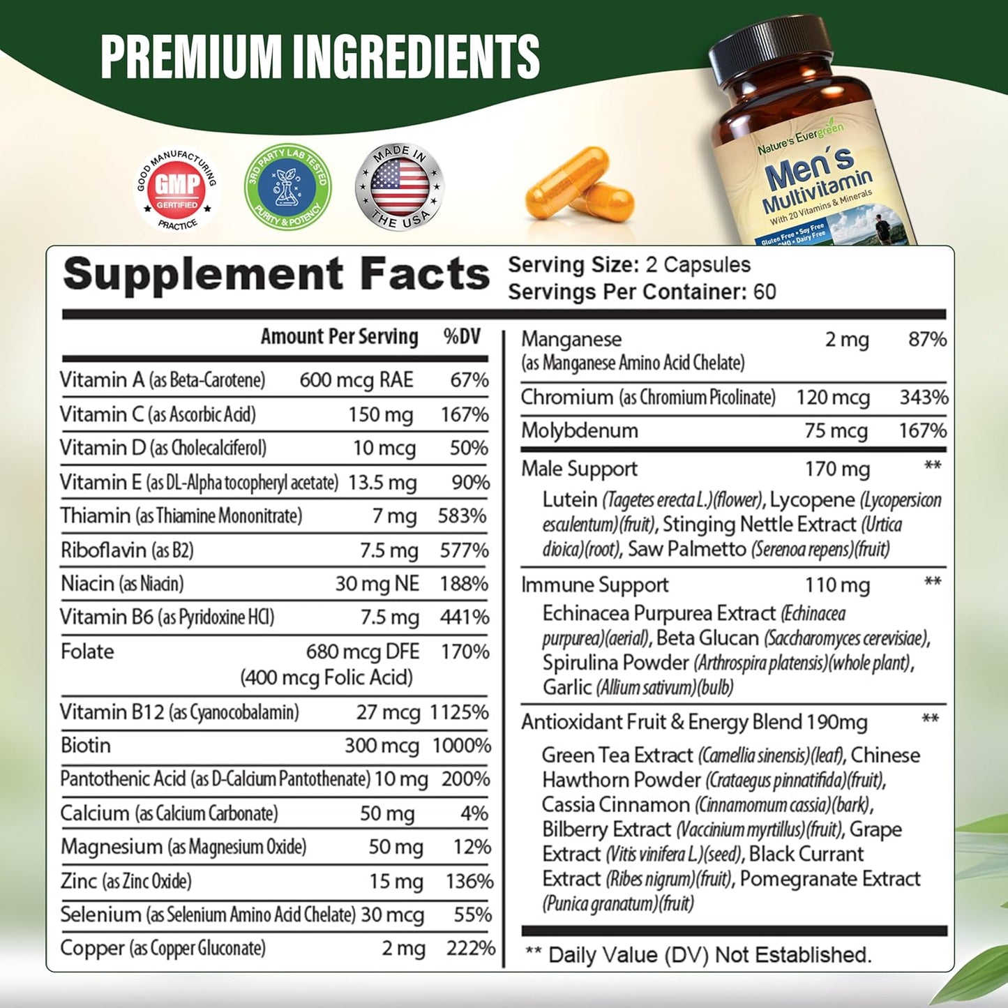 Men's Multivitamin: Nature's Evergreen Complete Multivitamin & Multimineral Supplement - Energy, Focus, & Immune Support - 120 Capsules