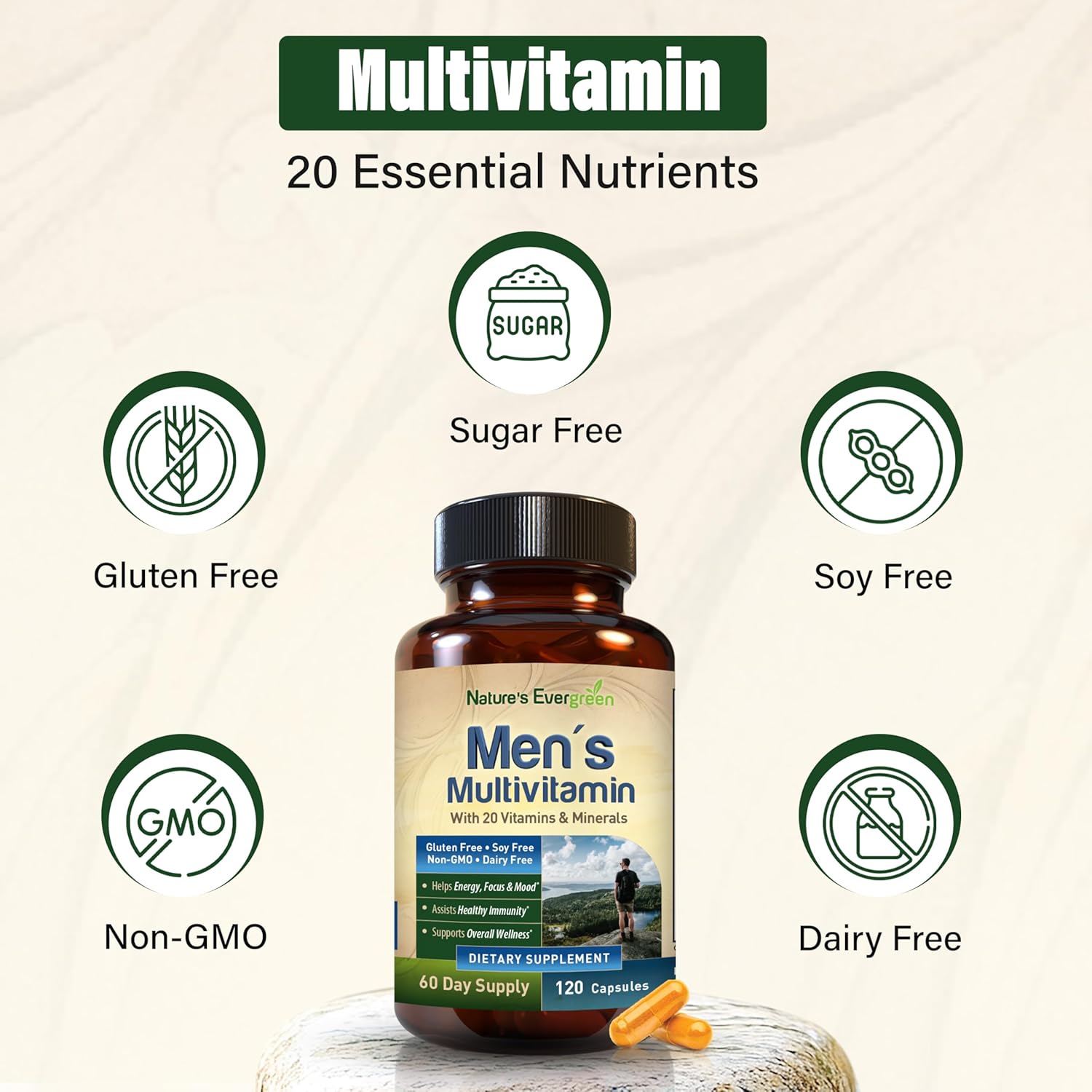 Men's Multivitamin: Nature's Evergreen Complete Multivitamin & Multimineral Supplement - Energy, Focus, & Immune Support - 120 Capsules