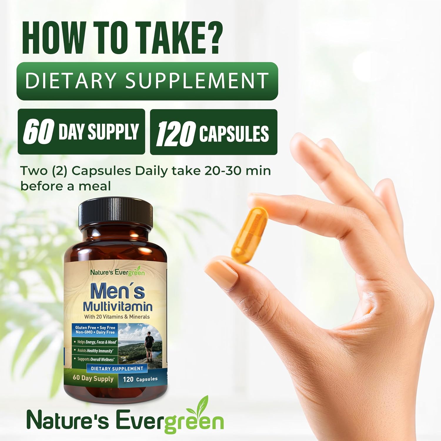 Men's Multivitamin: Nature's Evergreen Complete Multivitamin & Multimineral Supplement - Energy, Focus, & Immune Support - 120 Capsules