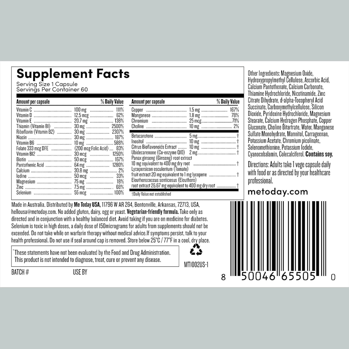 Men's Multivitamin with 27 Vitamins, Minerals, and Herbs - Vegetarian General Health Supplement - 60 Capsules