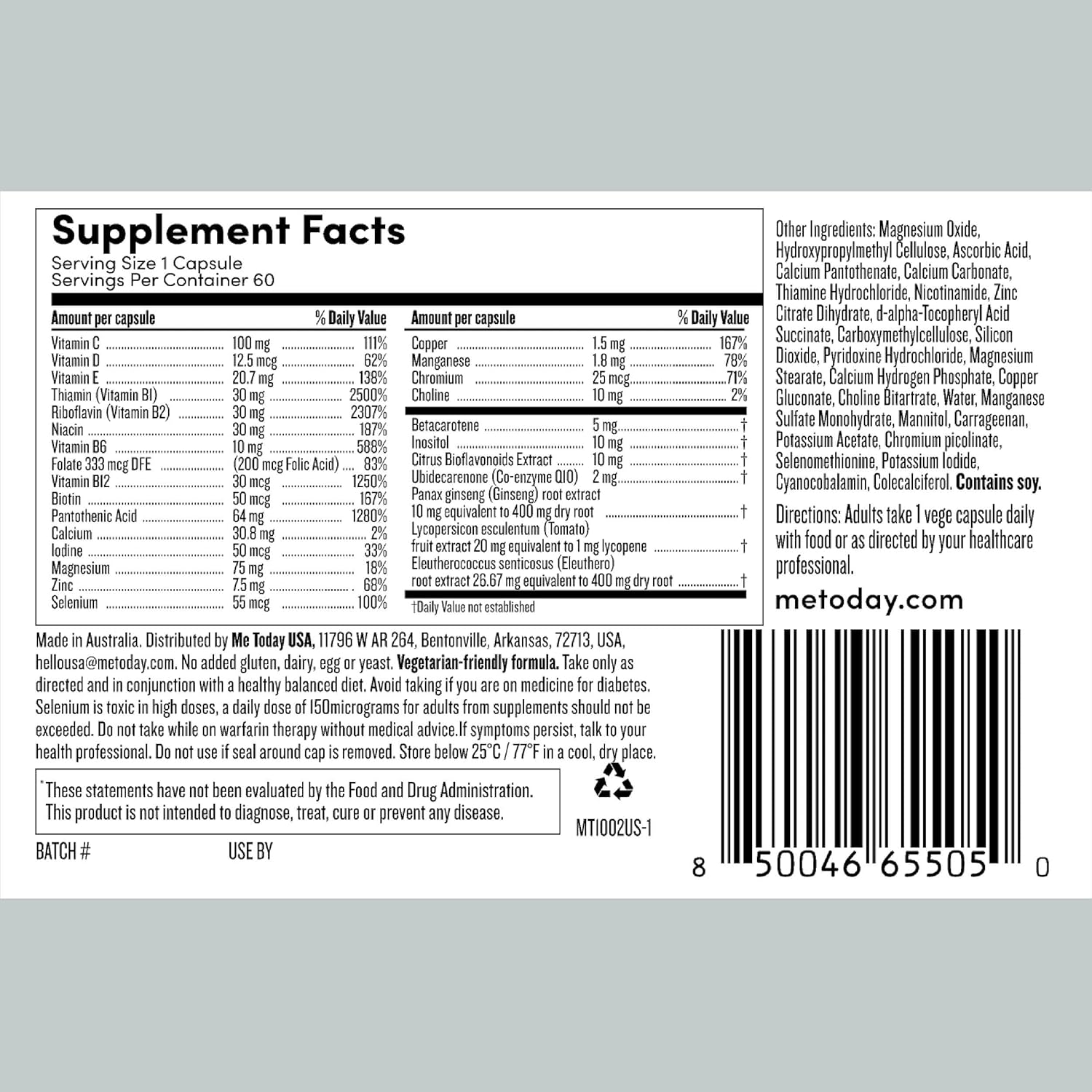 Men's Multivitamin with 27 Vitamins, Minerals, and Herbs - Vegetarian General Health Supplement - 60 Capsules