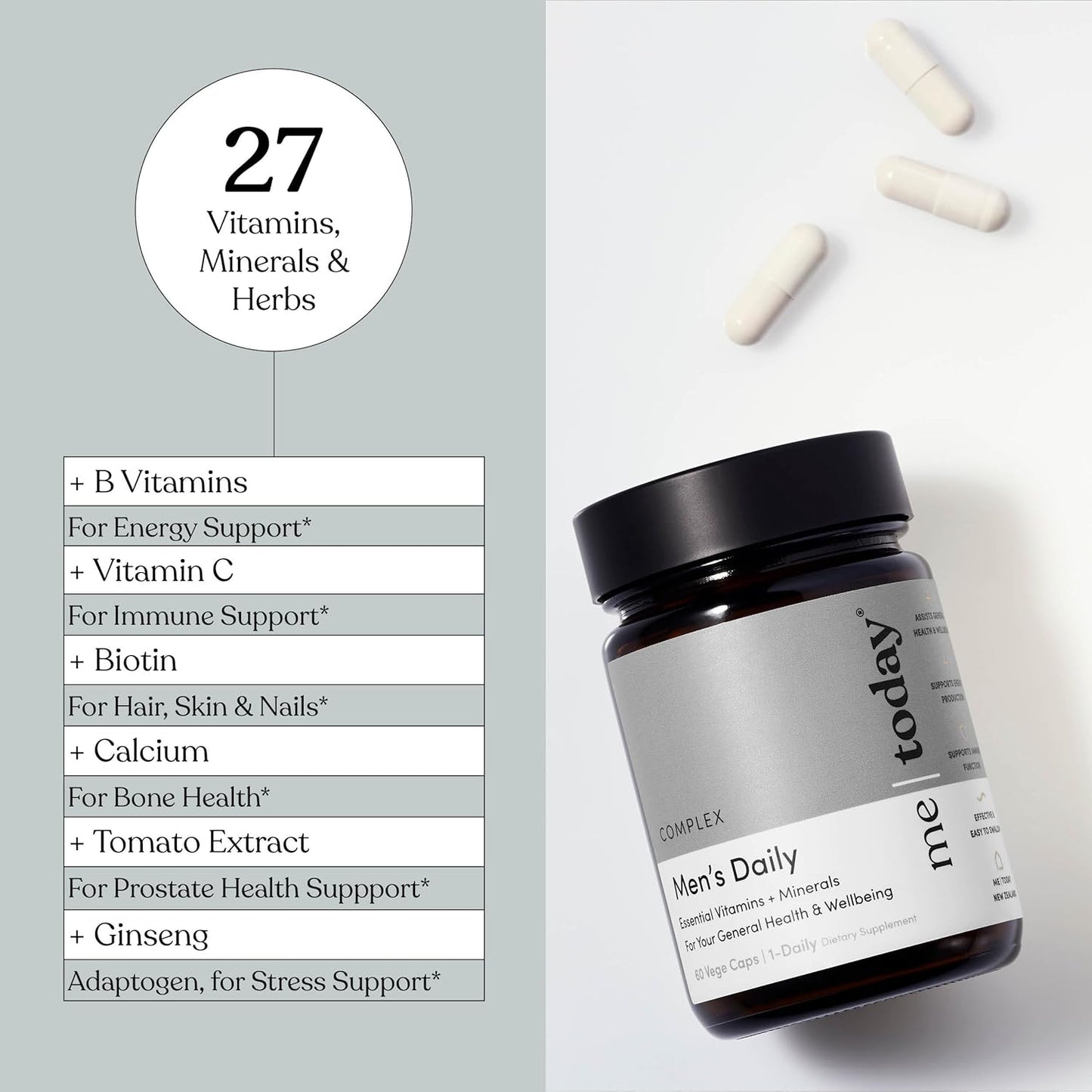 Men's Multivitamin with 27 Vitamins, Minerals, and Herbs - Vegetarian General Health Supplement - 60 Capsules