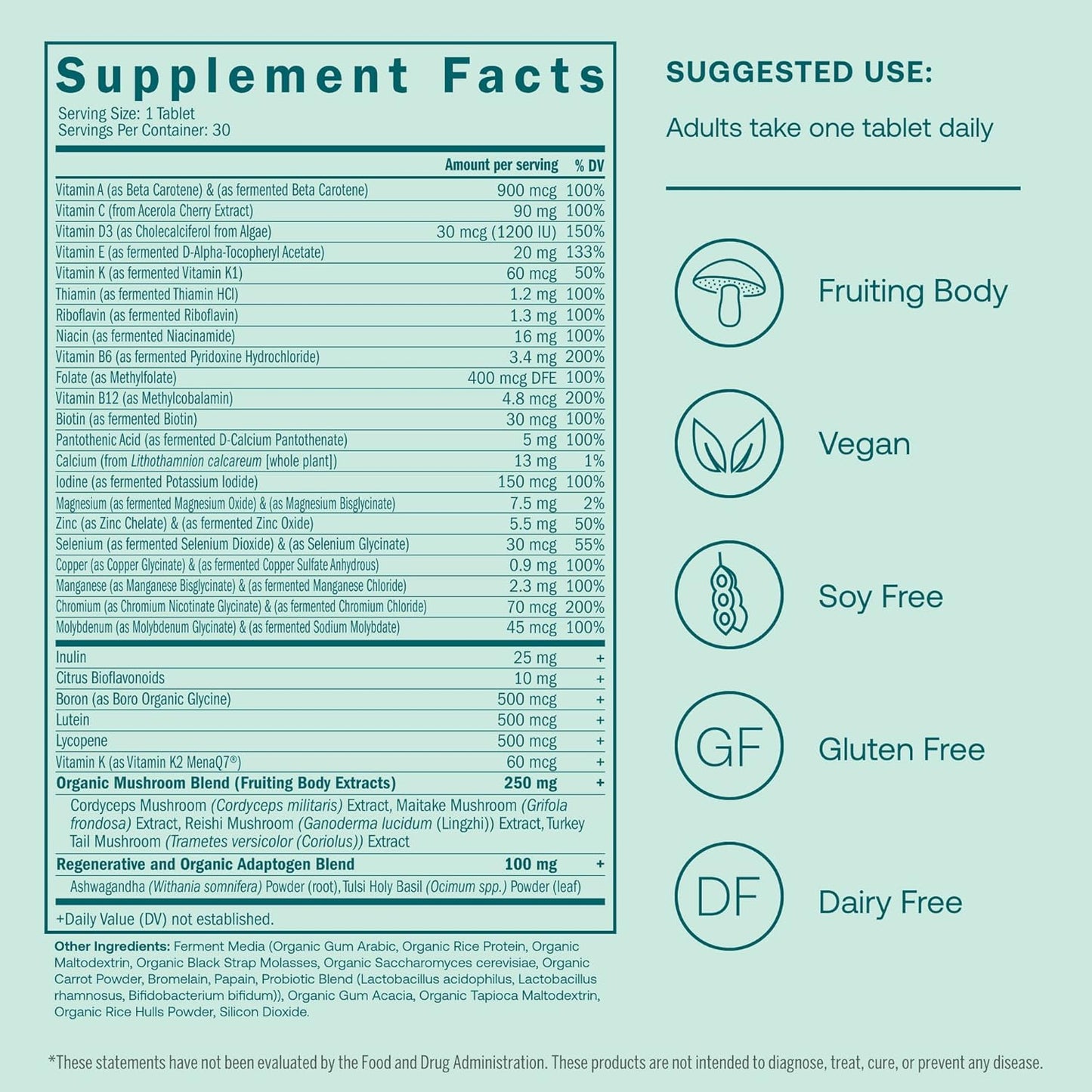 Men's Multivitamin with Fermented Minerals, Organic Adaptogens & Mushrooms for Immune, Endurance, Bone & Heart Health - Non-GMO, Gluten Free - 30 Vegan Tablets