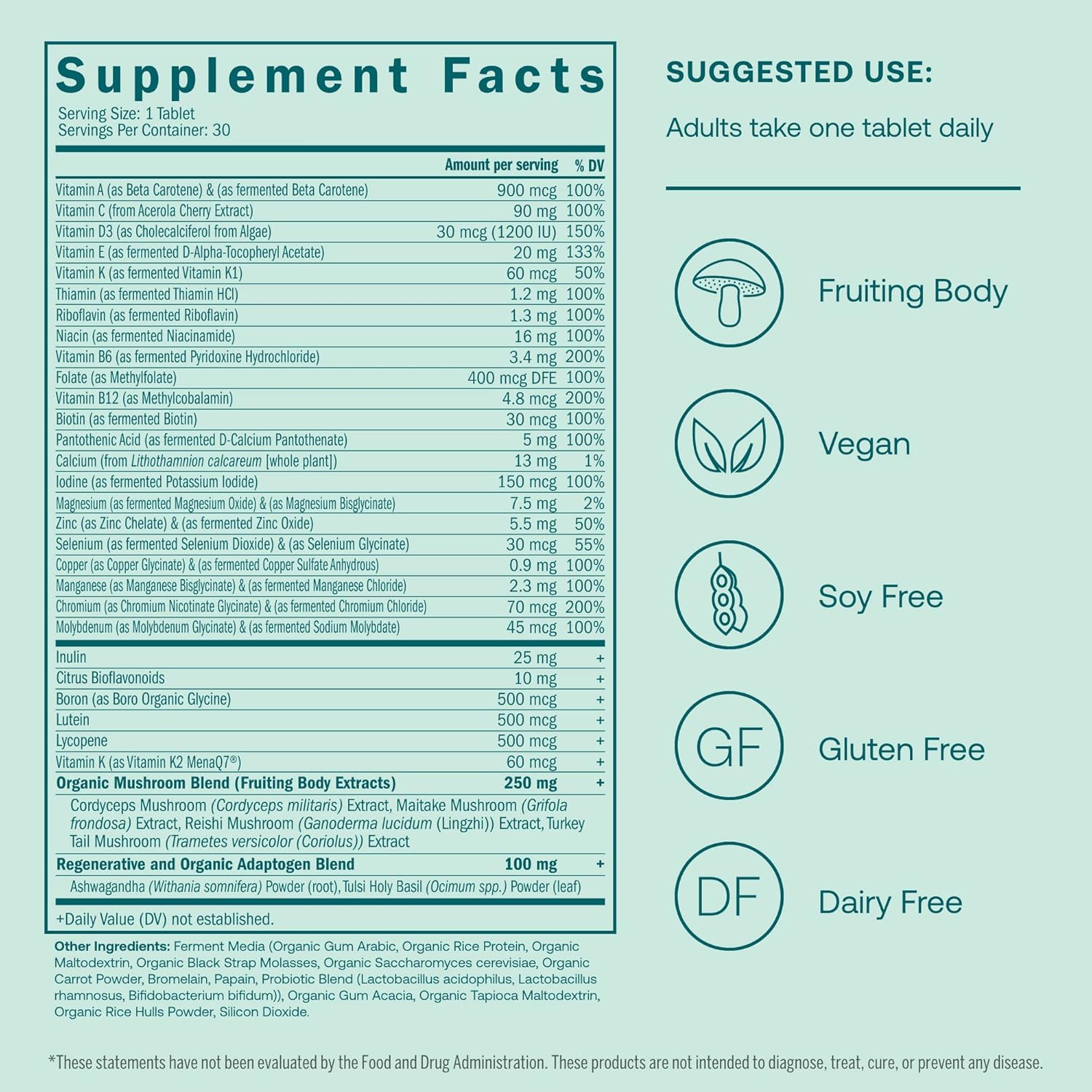 Men's Multivitamin with Fermented Minerals, Organic Adaptogens & Mushrooms for Immune, Endurance, Bone & Heart Health - Non-GMO, Gluten Free - 30 Vegan Tablets