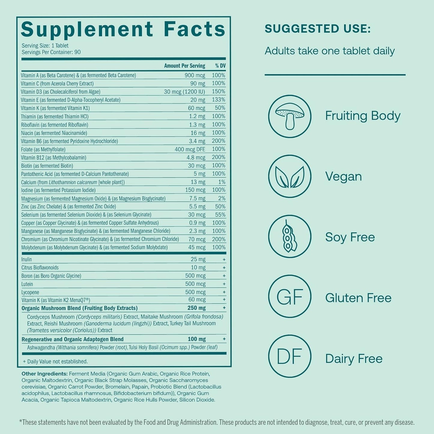Men's Multivitamin with Fermented Minerals, Organic Adaptogens & Mushrooms for Immune & Heart Health - 90 Vegan Tablets