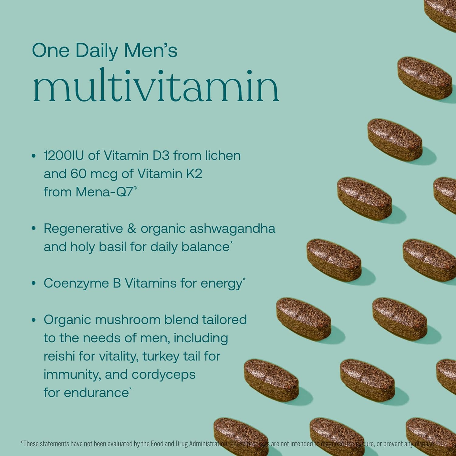 Men's Multivitamin with Fermented Minerals, Organic Adaptogens & Mushrooms for Immune, Endurance, Bone & Heart Health - Non-GMO, Gluten Free - 30 Vegan Tablets