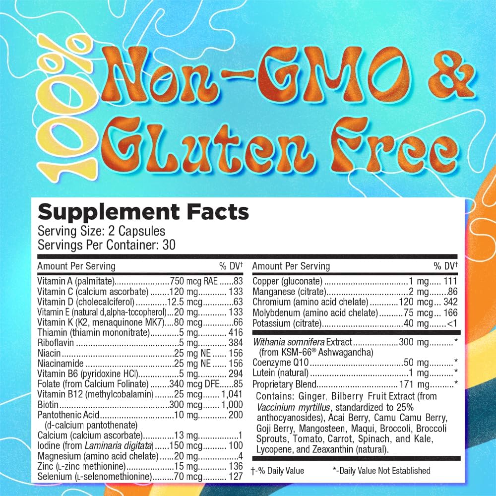 Men's Multivitamin with Iron, Calcium, Ashwagandha, CoQ10 & Lycopene - Daily Nutritional Support - 60 Capsules