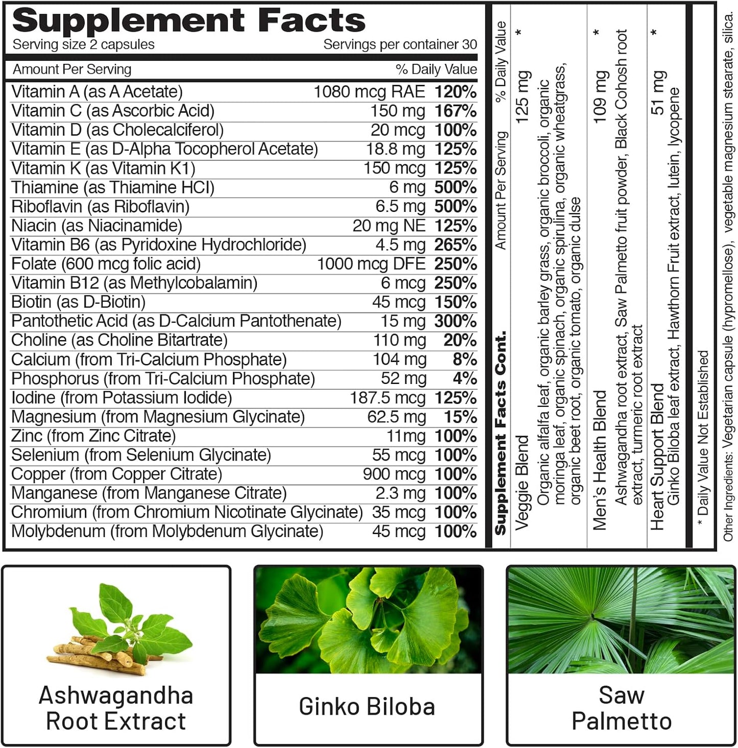 Men's Multivitamin with Vitamin D, B12, Zinc, Herbs, and Vitamin C for Energy & Immune Support - 60 Capsules