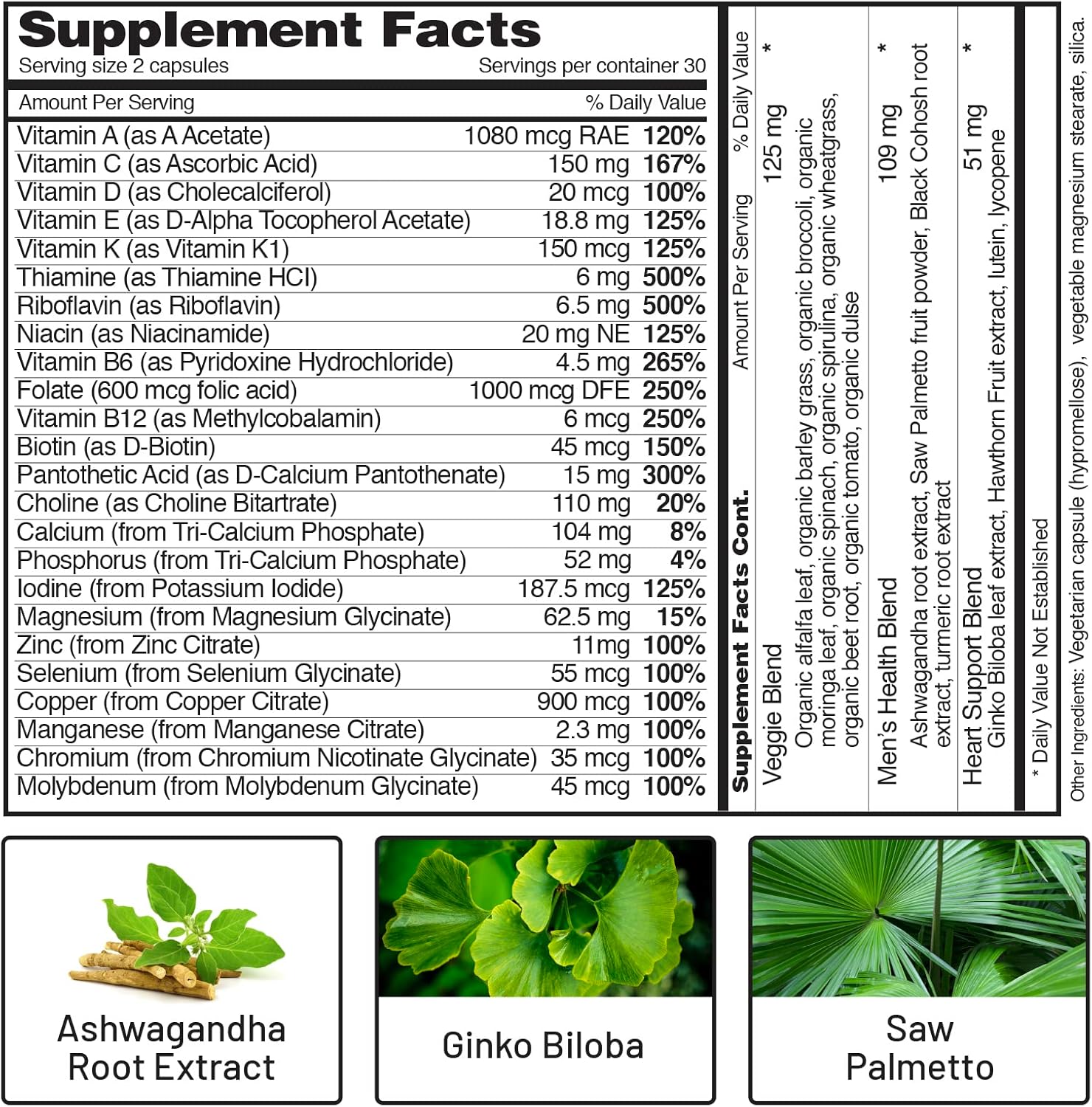 Men's Multivitamin with Vitamin D, B12, Zinc, Herbs, and Vitamin C for Energy & Immune Support - 60 Capsules