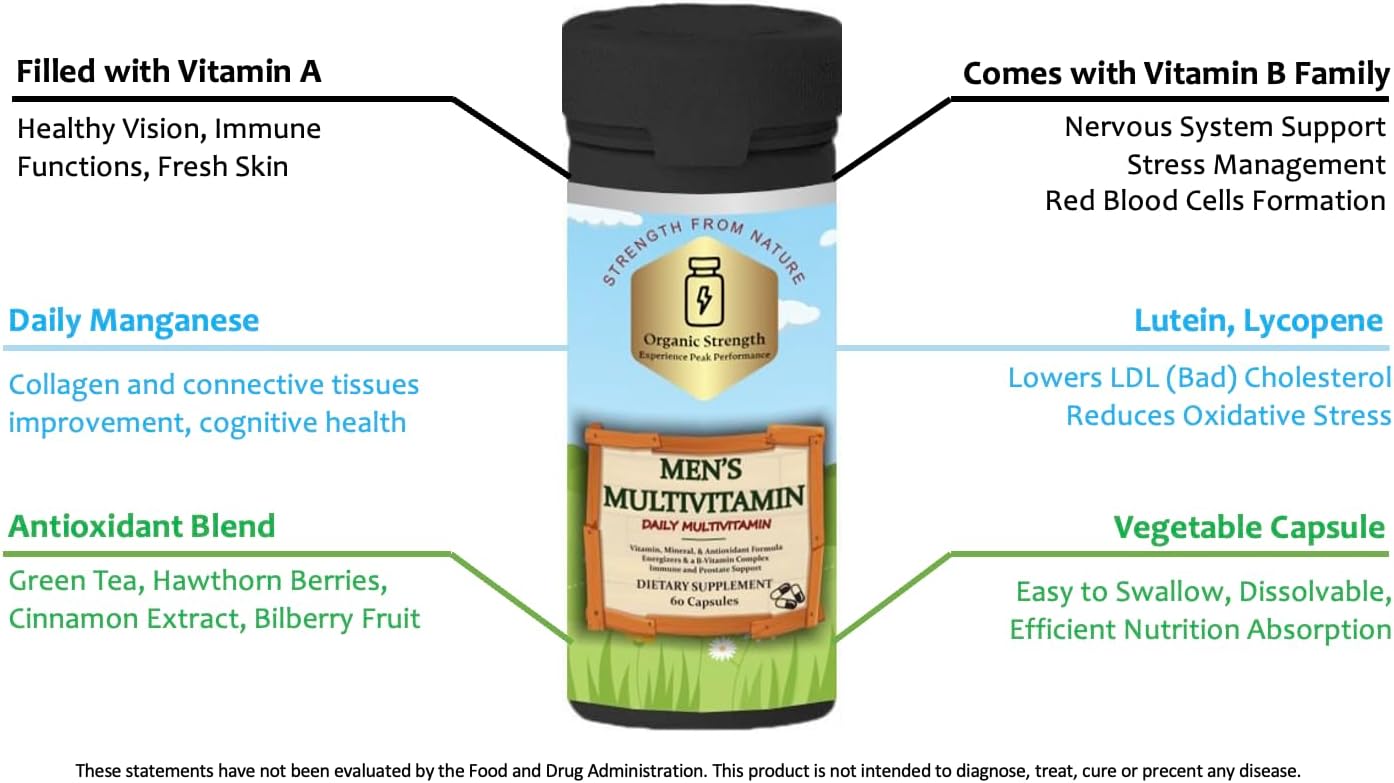 Men's Organic Multivitamin Capsules with 300% Daily Intake Vitamins A, B, C, Biotin, Magnesium, Zinc, Chromium - 60 Count