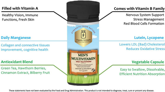 Men's Organic Multivitamin Capsules with 300% Daily Intake Vitamins A, B, C, Biotin, Magnesium, Zinc, Chromium - 60 Count