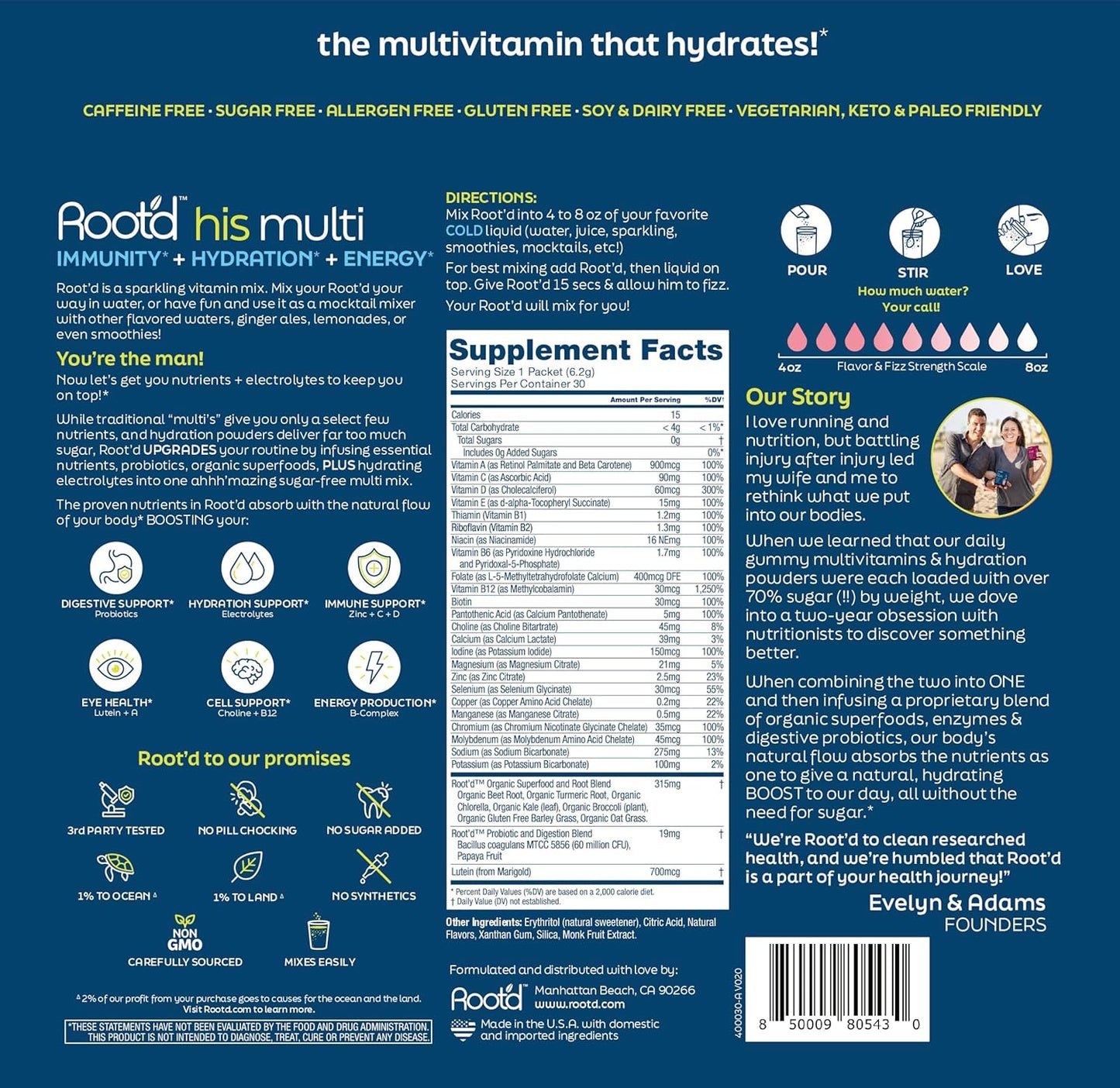 Men's Organic Multivitamin Powder - 24 Vitamins & Minerals, 3X Electrolytes, 9 Superfoods, Probiotics & Enzymes, Sugar-Free Hydration | 30 Packets