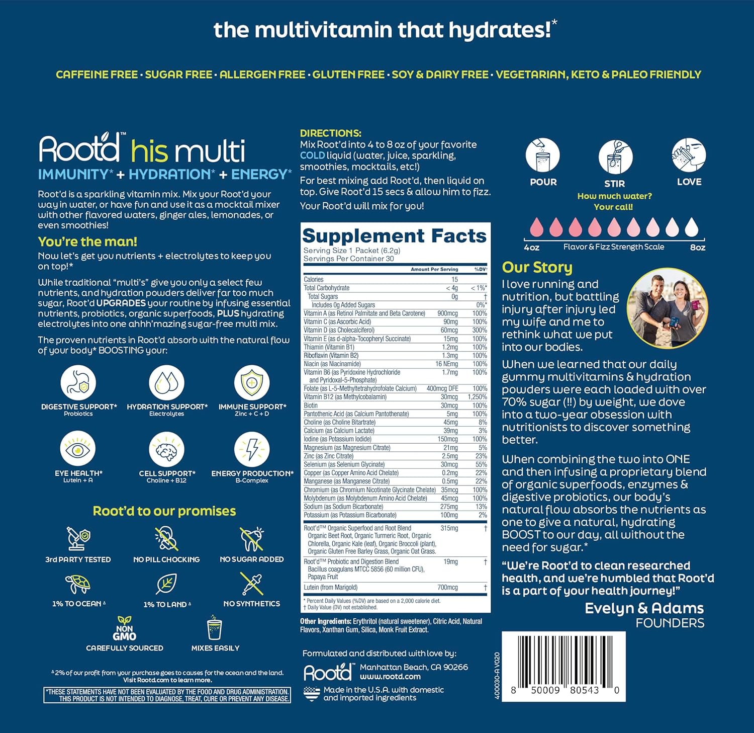 Men's Organic Multivitamin Powder - 24 Vitamins & Minerals, 3X Electrolytes, 9 Superfoods, Probiotics & Enzymes, Sugar-Free Hydration | 30 Packets