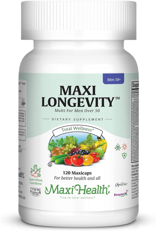 Men's Over 50 Multivitamin Supplement - Maxi Health Longevity - 120 Capsules, Kosher Certified