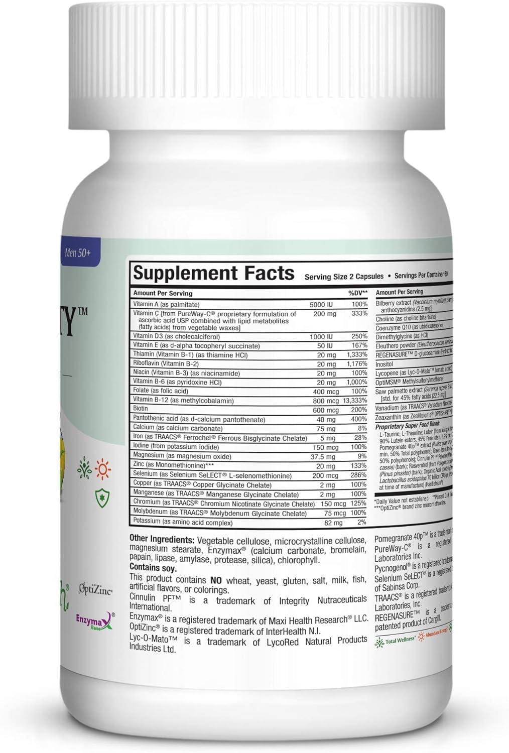 Men's Over 50 Multivitamin Supplement - Maxi Health Longevity - 120 Capsules, Kosher Certified