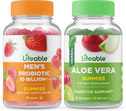 Men's Probiotic Gummies Bundle with Aloe Vera - 10 Billion CFU, Delicious Taste, Vitamin Supplement, Gluten & GMO Free