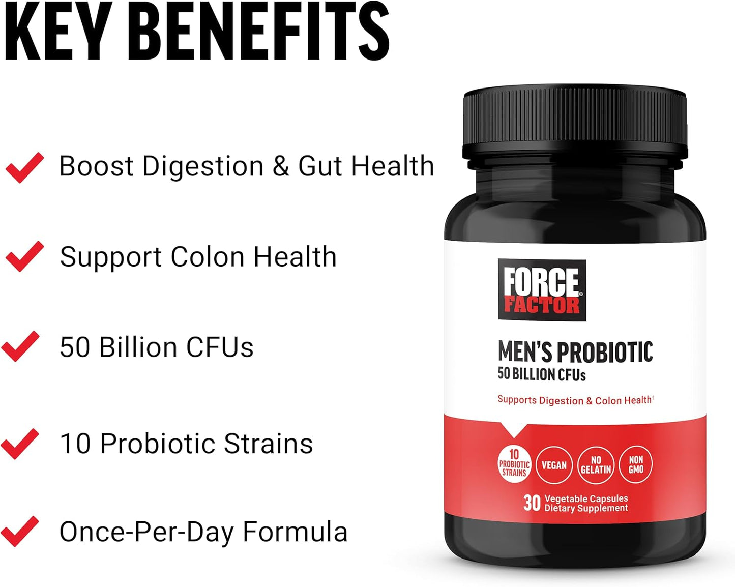 Men's Probiotic Supplement - 50 Billion CFUs, 10 Strains for Gut & Colon Health, Daily Wellness - Non-GMO, Vegan - 30 Capsules