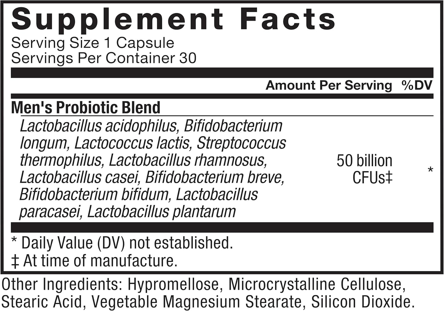 Men's Probiotic Supplement - 50 Billion CFUs, 10 Strains for Gut & Colon Health, Daily Wellness - Non-GMO, Vegan - 30 Capsules