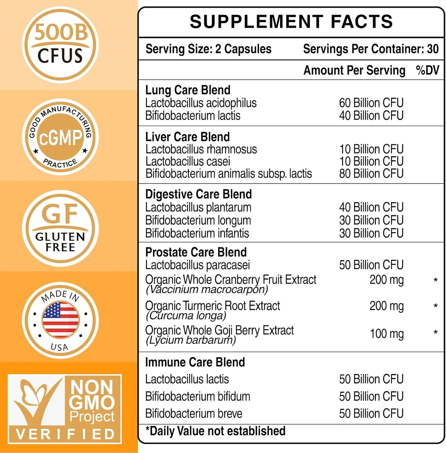 Men's Probiotic Supplement with Turmeric, Cranberry, Goji - 500 Billion CFUs, 12 Strains - Digestive, Immune, Prostate & Urinary Health - 90 Capsules