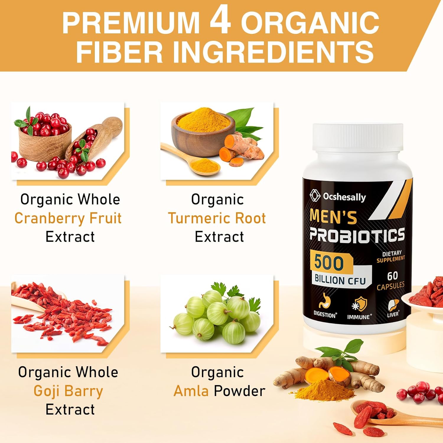 Men's Probiotic Supplement with Turmeric, Cranberry, Goji - 500 Billion CFUs, 12 Strains - Digestive, Immune, Prostate & Urinary Health - 90 Capsules