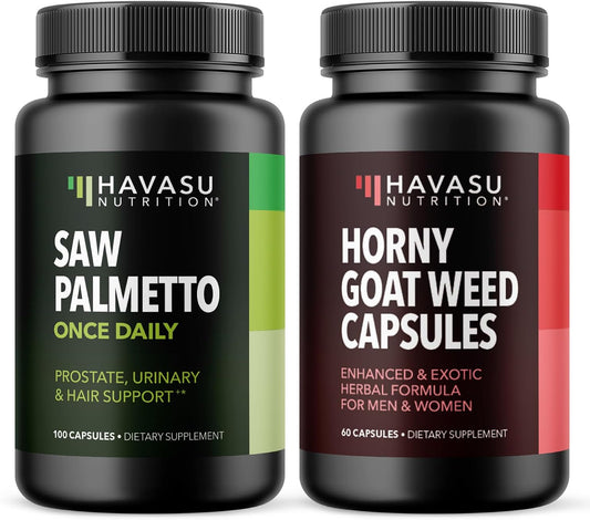Men's Prostate Health and Performance Herbal Supplement Bundle - Saw Palmetto and Horny Goat Weed Capsules for Vitality - 100 Saw Palmetto & 60 Horny Goat Weed Capsules
